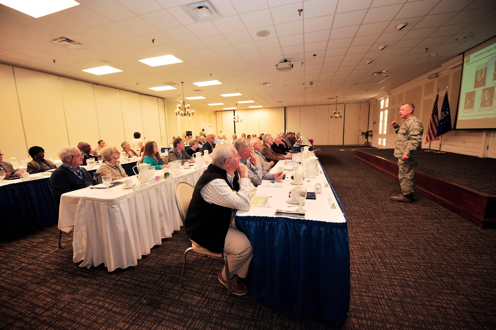 U.S. Air Force Maj. Gen. Lawrence Wells, 9th Air Force commander, gives a briefing during the Tri-State Leadership Forum, Shaw Air Force Base, S.C., Oct. 11, 2012.  Retired general officers gathered at the Carolina Skies Club and Conference Center for a series of presentations. In addition they visited hangar 1200 to view demonstrations and interact with 20th Fighter Wing personnel, and participated in a driving tour of the base. (U.S. Air Force photo by Airman Nicole Sikorski/Released)