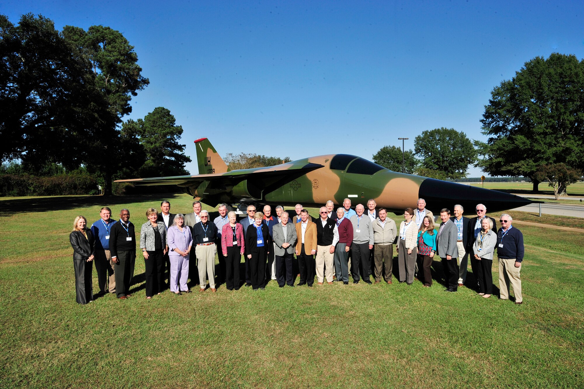 U.S. Air Force retired general officers pose in front of the F-111 static display in Shaw's Air Park during a Tri-State Leadership Forum, Shaw Air Force Base, S.C., Oct. 11, 2012.  The retired generals gathered at the Carolina Skies Club and Conference Center for a series of presentations.  The also visited hangar 1200 to view demonstrations and interact with 20th Fighter Wing personnel, and participated in a driving tour of the base. (U.S. Air Force photo by Airman Nicole Sikorski/Released)
