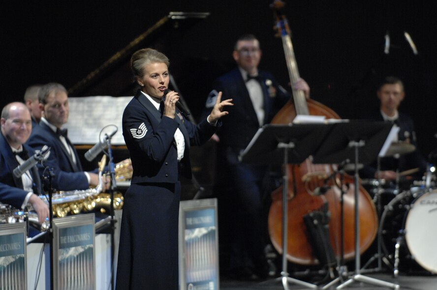 Tech Sgt. Krista Joyce, a member of the U.S. Air Force Falconaires Big Band and a native of Harleton, Texas, sings a solo during a performance at the Patriot Hall at Sumter, S.C., Oct. 12, 2012. Joyce is the Falconaires’ only singer. (U.S. Air Force photo by Airman 1st Class Krystal M. Jeffers/Released)