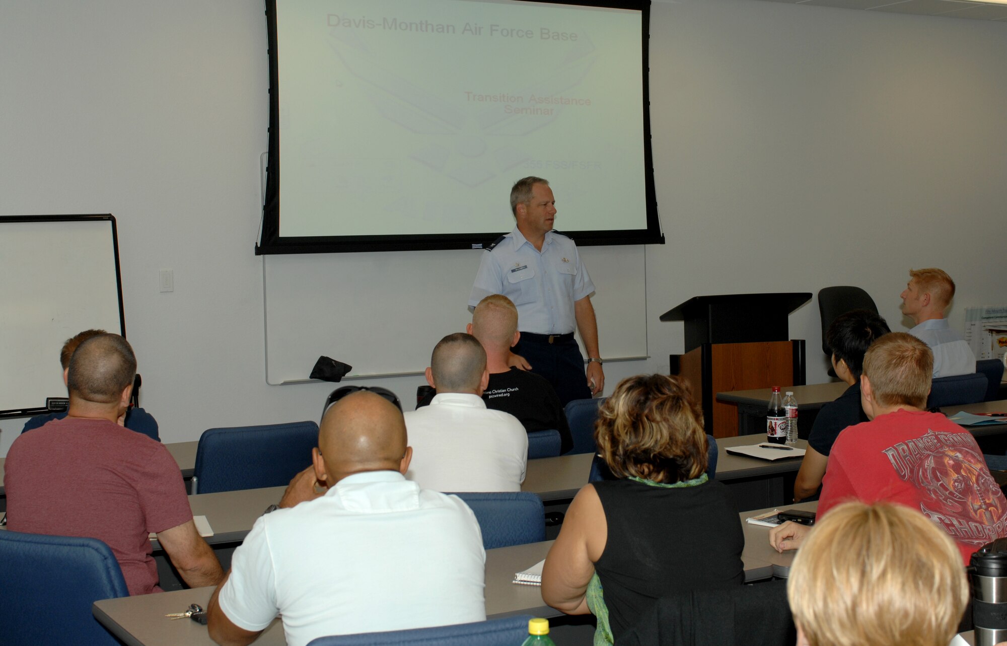 U.S. Air Force Col. Greg Williams, 355th Mission Support Group commander, speaks to individuals about the transition assistance program at Davis-Monthan Air Force Base, Ariz. Oct. 15. (U.S. Air Force photo by Senior Airman Michael Washburn/Released)