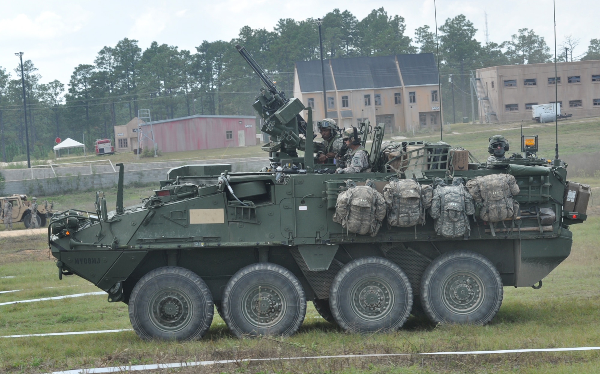 Soldiers patrol in a tank during a Joint Readiness Training Center exercise Oct. 10, 2012, at Ft. Polk La. The exercise simulated the ability of a joint force to establish, support and protect a bare base. (U.S. Air Force photo by Staff Sgt. Jacob Barreiro)
