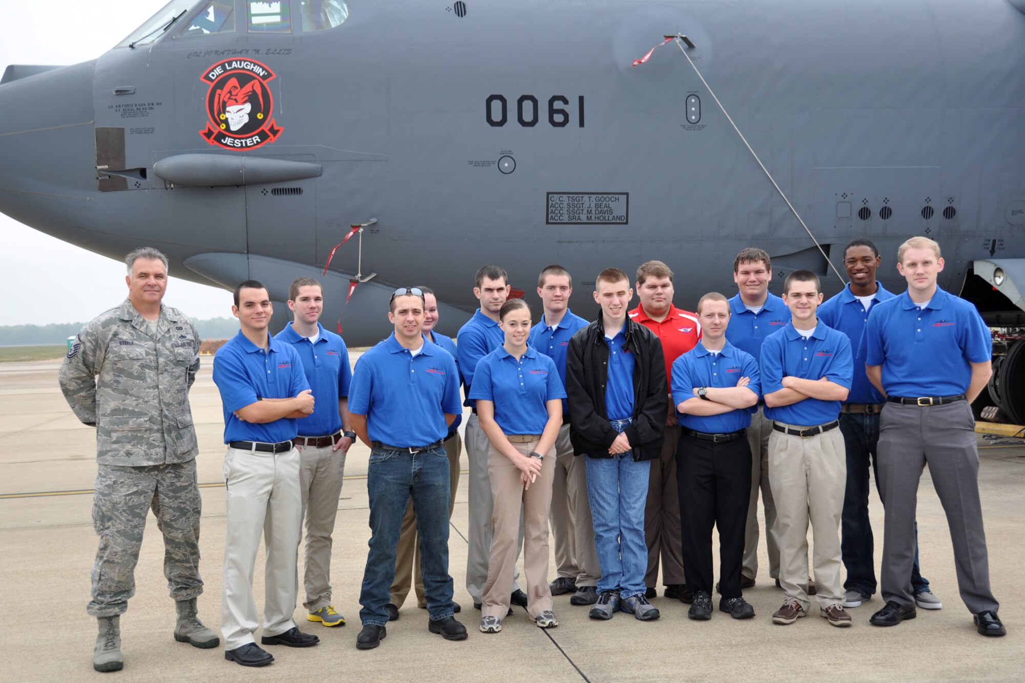 Cadets from the Air Force ROTC Detachment 305 at Louisiana Tech University, pose for a group photo with Master Sgt. Greg Steele, photographer, 307th Bomb Wing, at a B-52 Stratofortress on Barksdale Air Force Base, La., Oct. 13, 2012. This group of cadets study aircraft recognition, military aviation current events, and specific aircraft. The cadets toured the 307th Bomb Wing and received a close up look at both the B-52s and the A-10s assigned to the 917th Fighter Group. (U.S. Air Force photo by Betty Stephens/Released)  