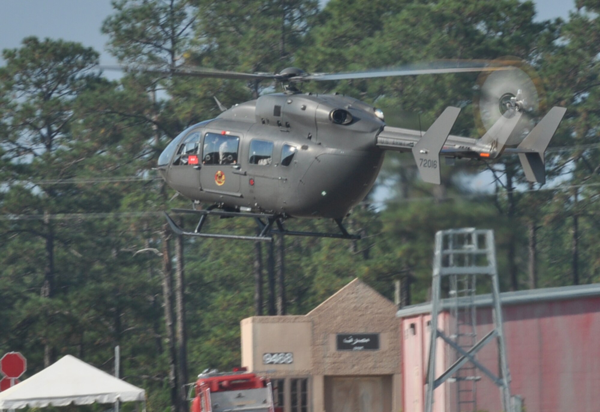 A helicopter lands at a soccer field during a Joint Readiness Training Center exercise Oct. 11, 2012, at Ft. Polk, La. Multiple distinguished visitors observed parts of the exercise,  including the Chief of Staff of the Army. (U.S. Air Force photo by Staff Sgt. Jacob Barreiro)