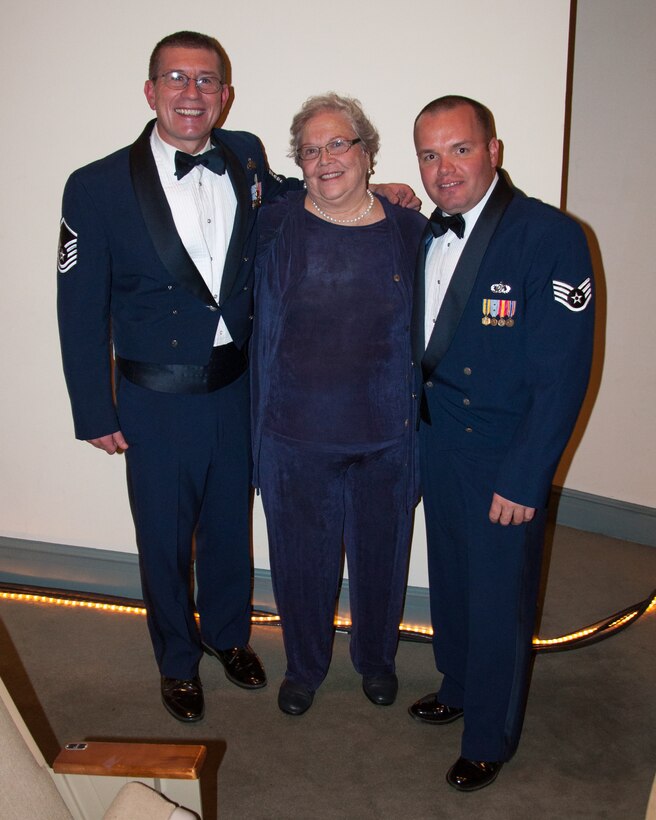 During a concert in Sumter, SC, MSgt Jason Crowe and SSgt Chris Hammiel take time to pose with Virginia Ray, wife of composer Forest Ray. Forest Ray is the composer of the USAF Academy's Falcon Fight Song.