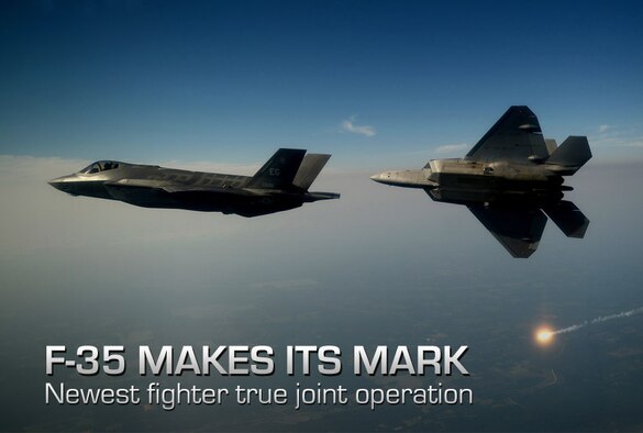 An F-35A Lightning II joint strike fighter from the 33rd Fighter Wing at Eglin Air Force Base, Fla., and an F-22A Raptor from the 43rd Fighter Squadron at Tyndall Air Force Base, Fla., soar over the Emerald Coast Sept. 19, 2012. This was the first time the two fifth-generation fighters have flown together for the Air Force. (U.S. Air Force photo/Master Sgt. Jeremy T. Lock)
