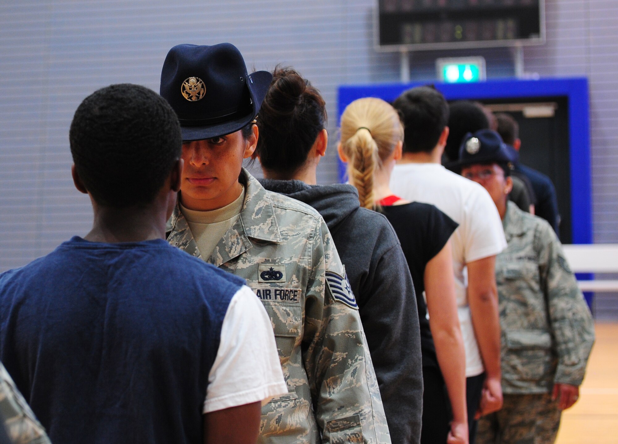 Tech Sgt. Itxel Delucy, 86th Logisitcs Readiness Squadron, waits for a reporting statement from a member of the Delayed Entry Program on Ramstein Air Base, Germany, Oct. 11, 2012. Former Military Training Instructors were invited to give DEP members a feel of what to expect at Basic Military Training. (U.S. Air Force photo/ Airman 1st Class Kendra Alba)