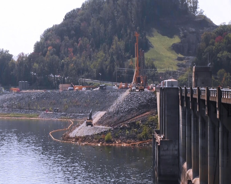 Construction continues on the barrier wall during the major rehabilitation project at Center Hill Dam Oct. 4, 2012. (USACE photo by Amy Redmond)