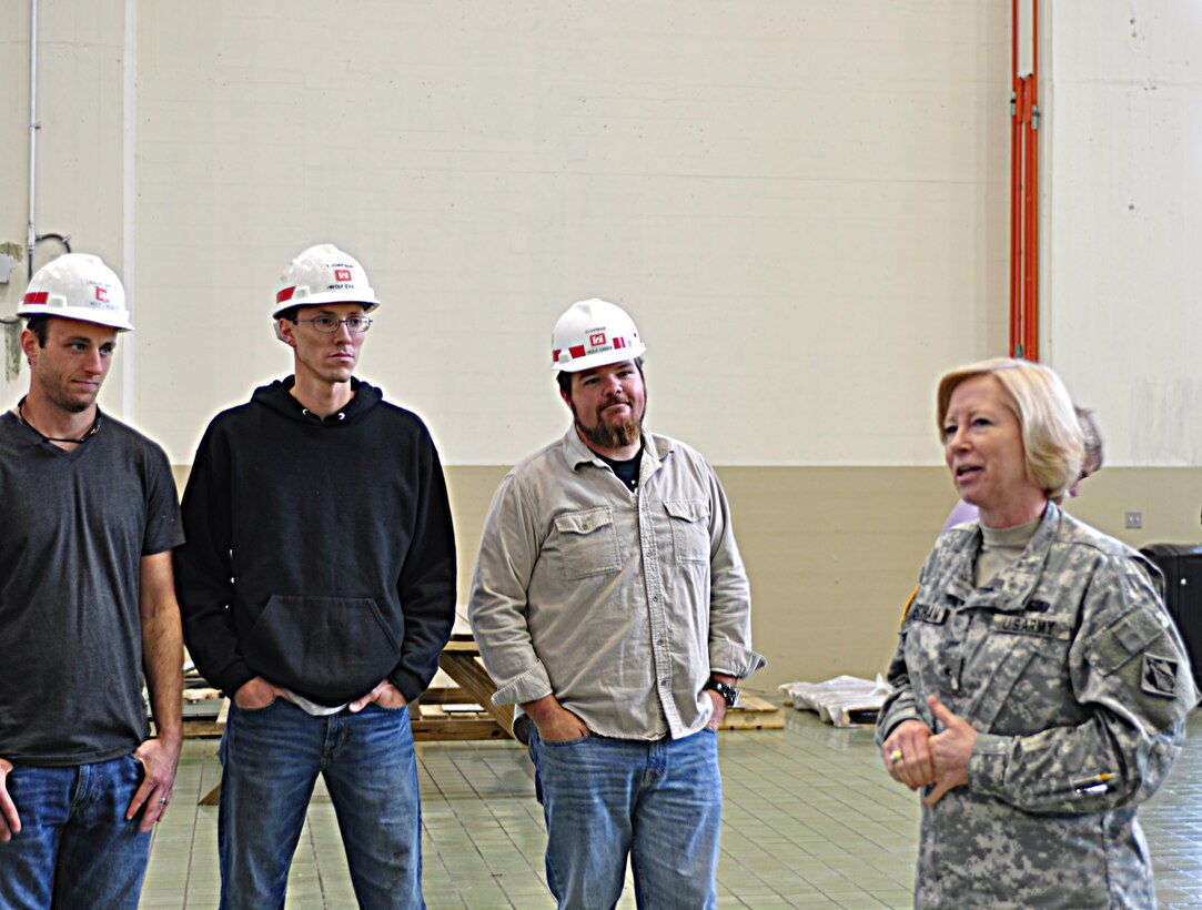 Brig. Gen. Margaret W. Burcham, Great Lakes and Ohio River Division commander talks with Wolf Creek Hydroelectric Power Plant staff during her first visit to the Wolf Creek Foundation Remediation Project on Oct. 10, 2012. (USACE photo by Amy Redmond)