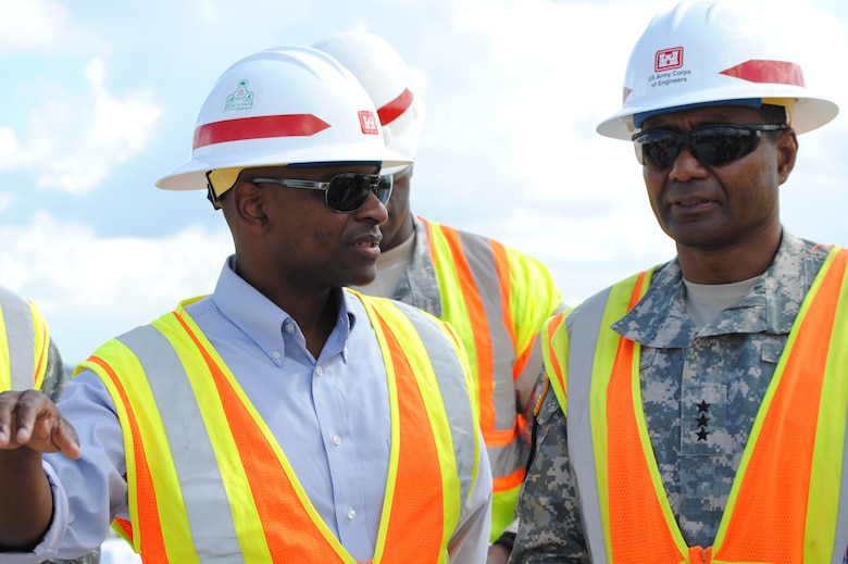 Tim Brown, U.S. Army Corps of Engineers Jacksonville District project manager, discusses the Tamiami Trail Modifications project with Lt. Gen. Thomas P. Bostick, commanding general of the U.S. Army Corps of Engineers, Oct. 10, 2012. Once completed, the project will allow increased water flows into Everglades National Park.