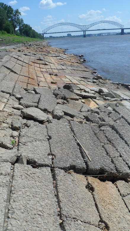 Articulated concrete mattress along the riverbank north of Memphis is exposed by low water.
