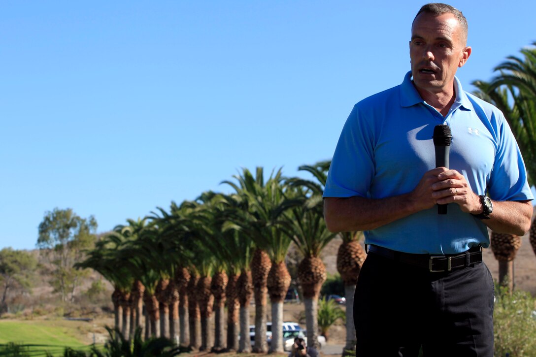 Brig. Gen. Vincent A. Coglianese, commanding general of Marine Corps Installations West - MCB Camp Pendleton, speaks during the opening ceremony of the Commanding General’s 1st Invitational Golf Tournament at Camp Pendleton’s Marine Memorial Golf Course, Oct. 15.