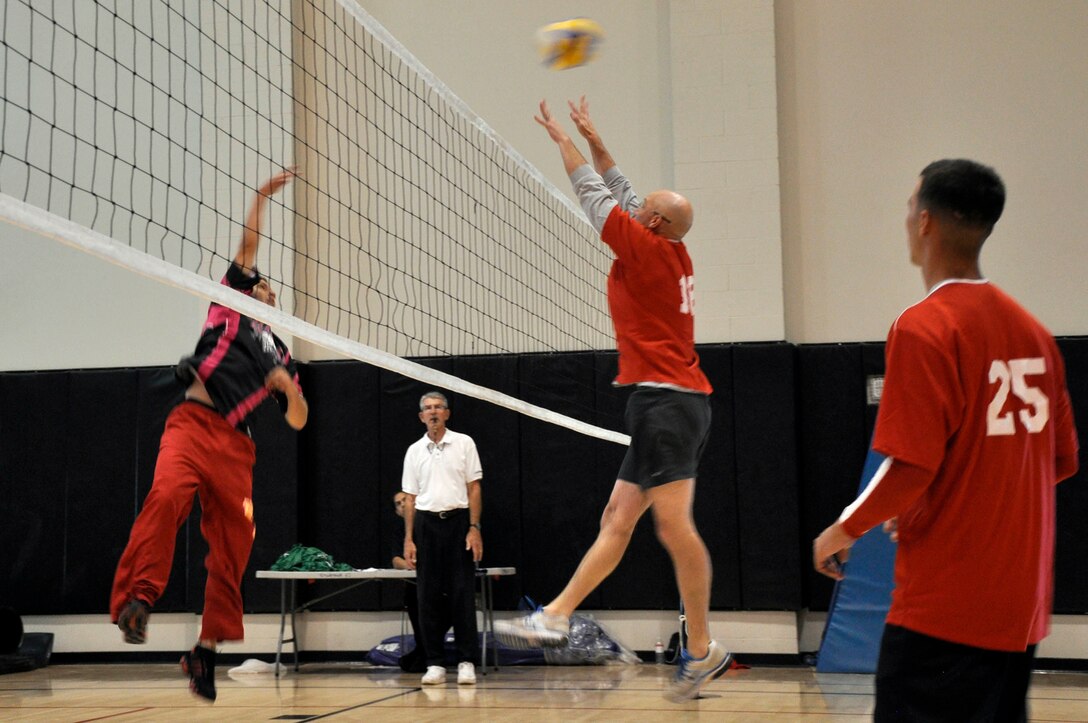 Team MCTSSA compete against Team Red Devils for a win during the Commanding General’s Volleyball Tournament at Camp Pendleton’s Camp Horno Fitness Center, Oct. 16.