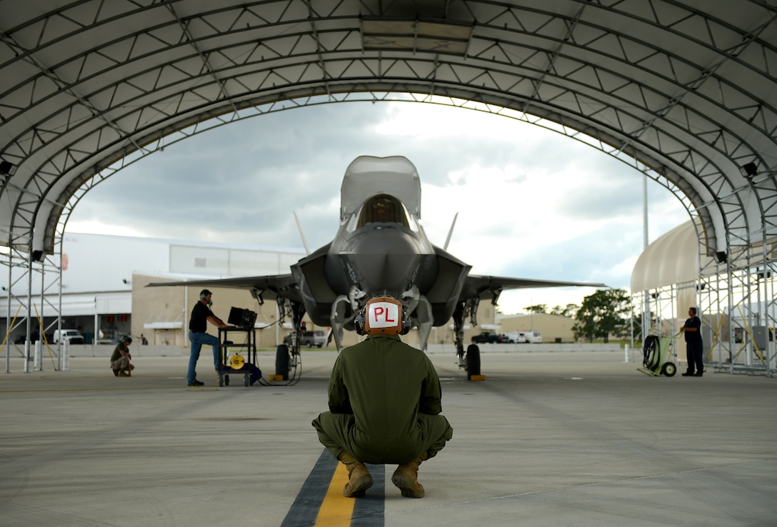EGLIN AIR FORCE BASE, Fla. - F-35B Lightning II joint strike fighter Power line Mechanic Sgt. Stephen Fink from the Marine Fighter Attack Training Squadron 501, Eglin Air Force Base, Fla., preflights the jet before conducting a local training mission over the Emerald Coast Sept. 18, 2012. 
