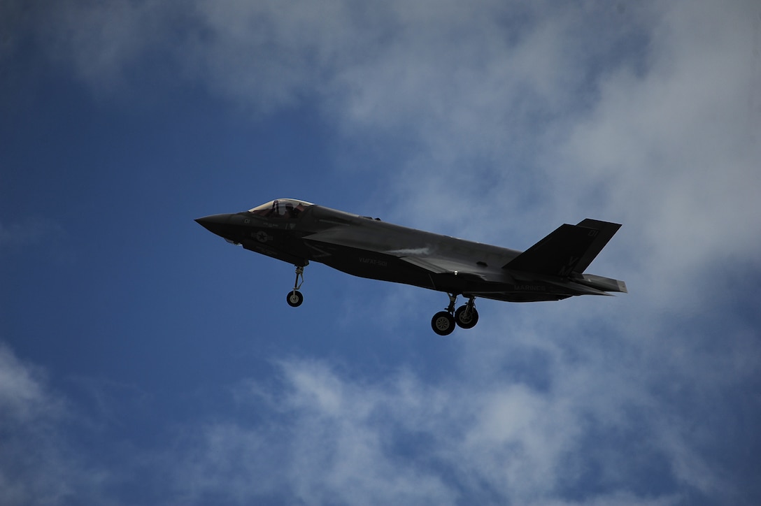 EGLIN AIR FORCE BASE, Fla. - An F-35B Lightning II joint strike fighter from the Marine Fighter Attack Training Squadron 501, Eglin Air Force Base, Fla., prepares to land after conducting a local training mission over the Emerald Coast Sept. 18, 2012.