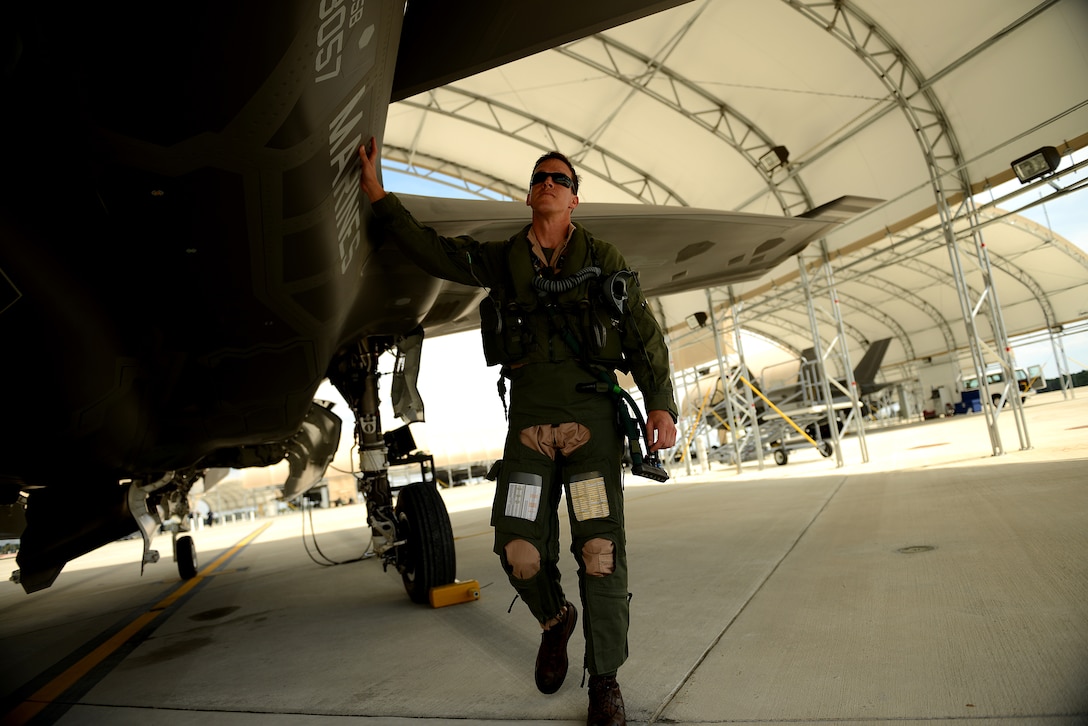 EGLIN AIR FORCE BASE, Fla. - F-35B Lightning II joint strike fighter Operations Officer and Pilot Maj. Adam Levine from the Marine Fighter Attack Training Squadron 501, Eglin Air Force Base, Fla., preflights his jet before conducting a local training mission over the Emerald Coast Sept. 18, 2012. 
