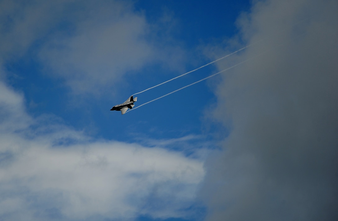 EGLIN AIR FORCE BASE, Fla. - An F-35B Lightning II joint strike fighter from the Marine Fighter Attack Training Squadron 501, Eglin Air Force Base, Fla., flies over the base while conducting a local training mission over the Emerald Coast Sept. 18, 2012