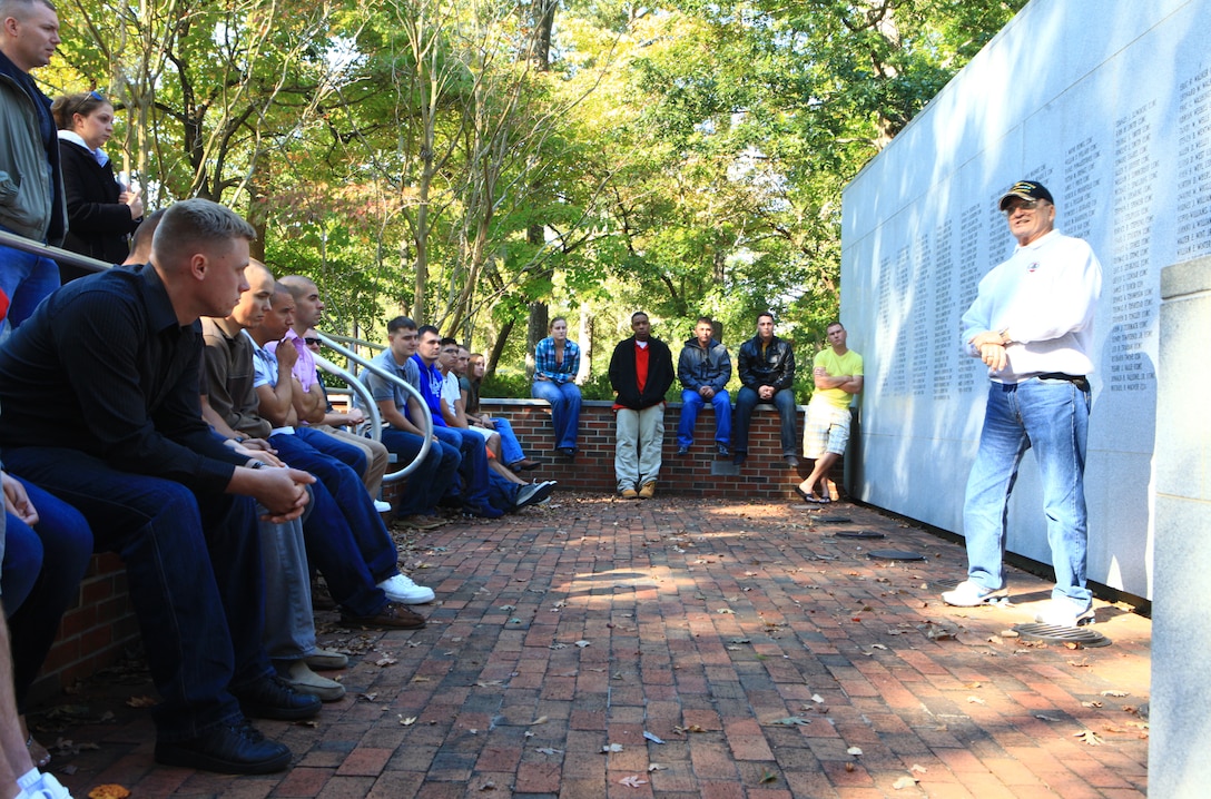 Richard L. Ray, a retired gunnery sergeant, shares his experiences from the 1983 bombing of the Marine barracks in Beirut, Lebanon, with Marines from Combat Logistics Battalion 6, 2nd Marine Logistics Group during the unit’s trip to the Beirut Memorial near Camp Lejeune, N.C., Oct. 11, 2012. The Marines used the field trip as an opportunity to speak with Ray, a veteran of three tours in Vietnam and one of the Marines sent to Lebanon after the bombing, to ensure the legacy of Beirut is passed on to future generations of Marines.