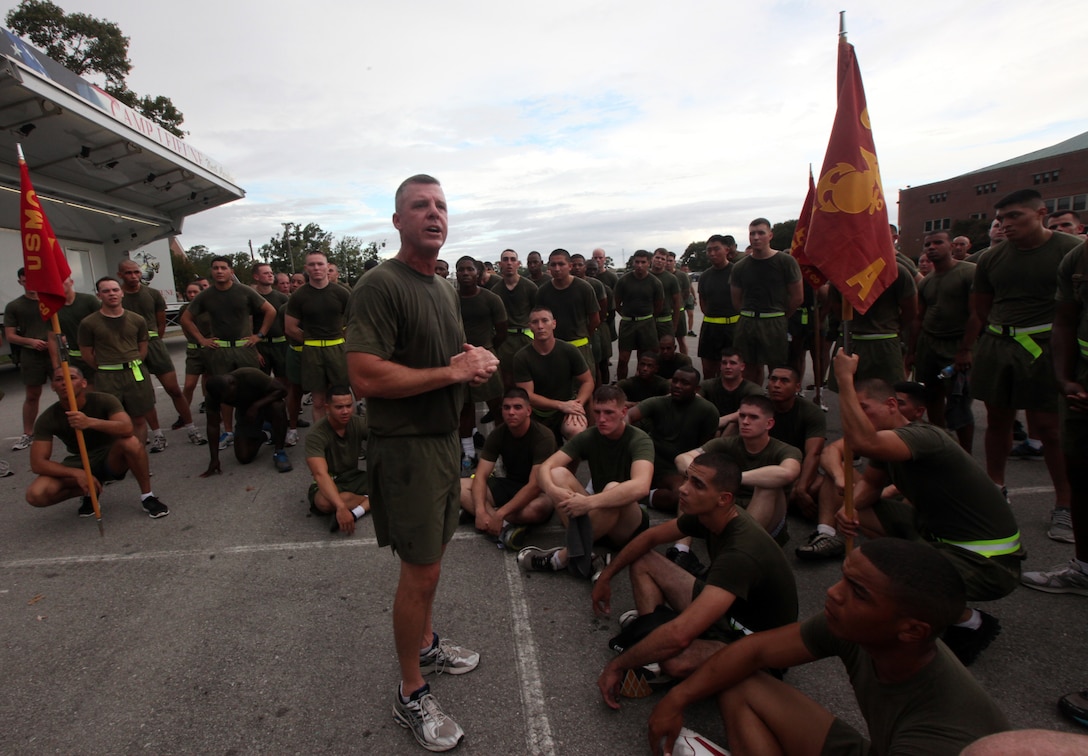 Lt. Col. David Bardorf, the commanding officer of Headquarters and Support Battalion, spoke to Marines during the annual Headquarters and Support Battalion physical training session to support the Combined Federal Campaign at the Goettge Memorial Field House parking lot aboard Marine Corps Base Camp Lejeune Oct. 3. The CFC Onslow County's goal is to reach $1 million during the campaign season which started Sept. 1 through Dec. 15