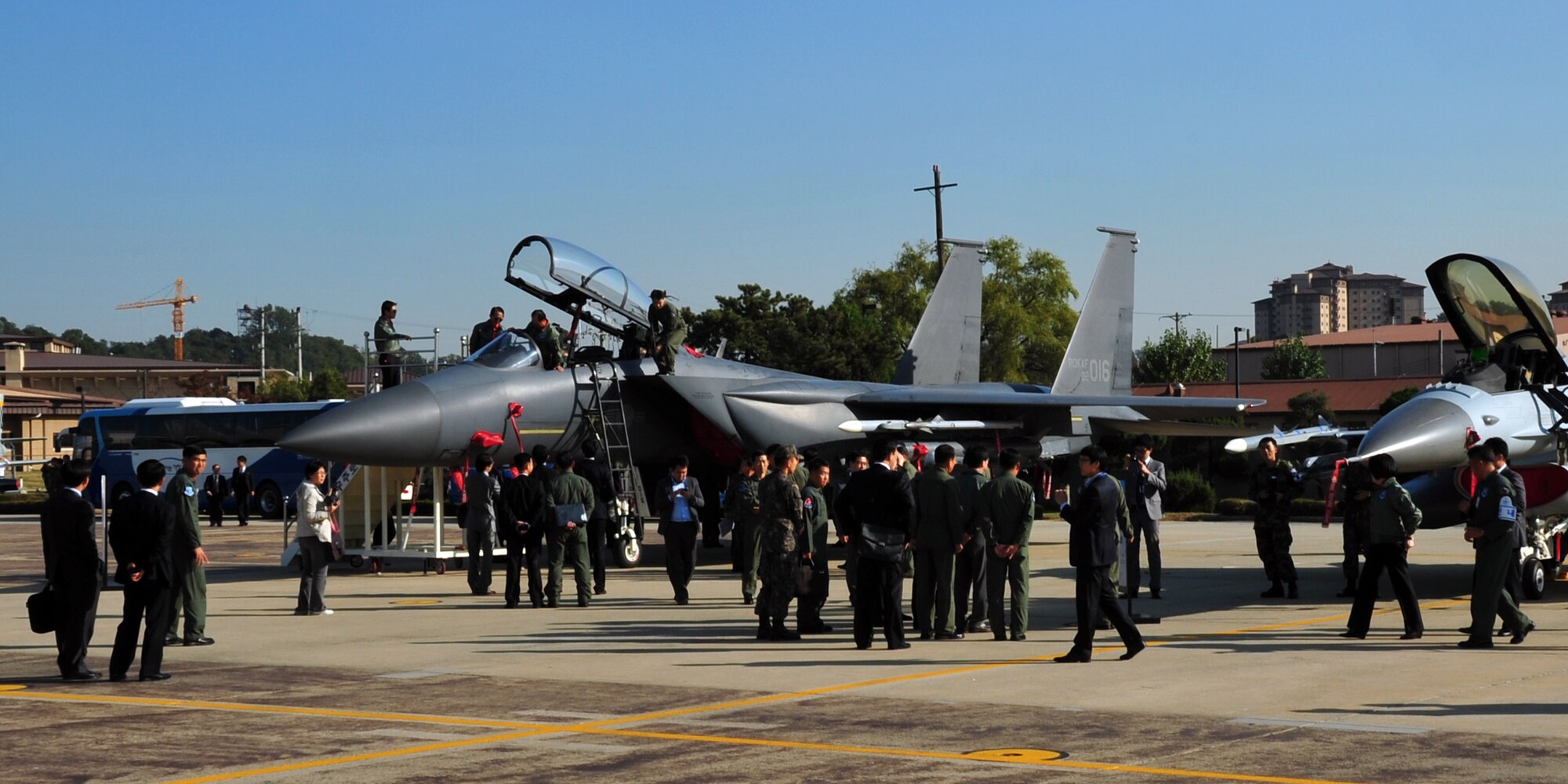 Republic of Korea National Assembly Members tour an F-15K during an annual ROK National Defense Committee inspection Oct. 15, 2012.  The National Assembly’s Defense Committee provides legislative oversight of Korea’s military and annual budget. (U.S. Air Force photo/Staff Sgt. Craig Cisek)