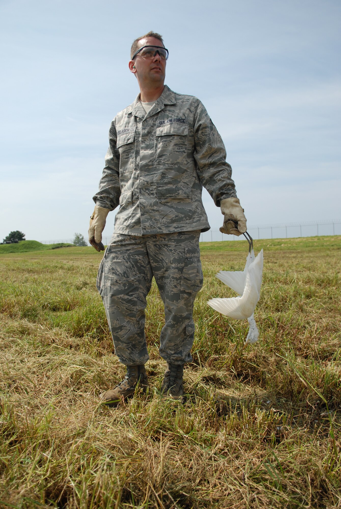 Master Sgt. Keith Kollasch, 8th Fighter Wing NCO of flight safety, scans the air field at Kunsan Air Base, Republic of Korea Sept. 11, 2012, after using lethal force to rid the flight line of birds. Throughout the month of October to mid March, more than 500,000 seasonal birds migrate through South Korea, creating a safety hazard for the pilots and flying mission here. (U.S. Air Force photo/ Staff Sgt. Tong Duong)