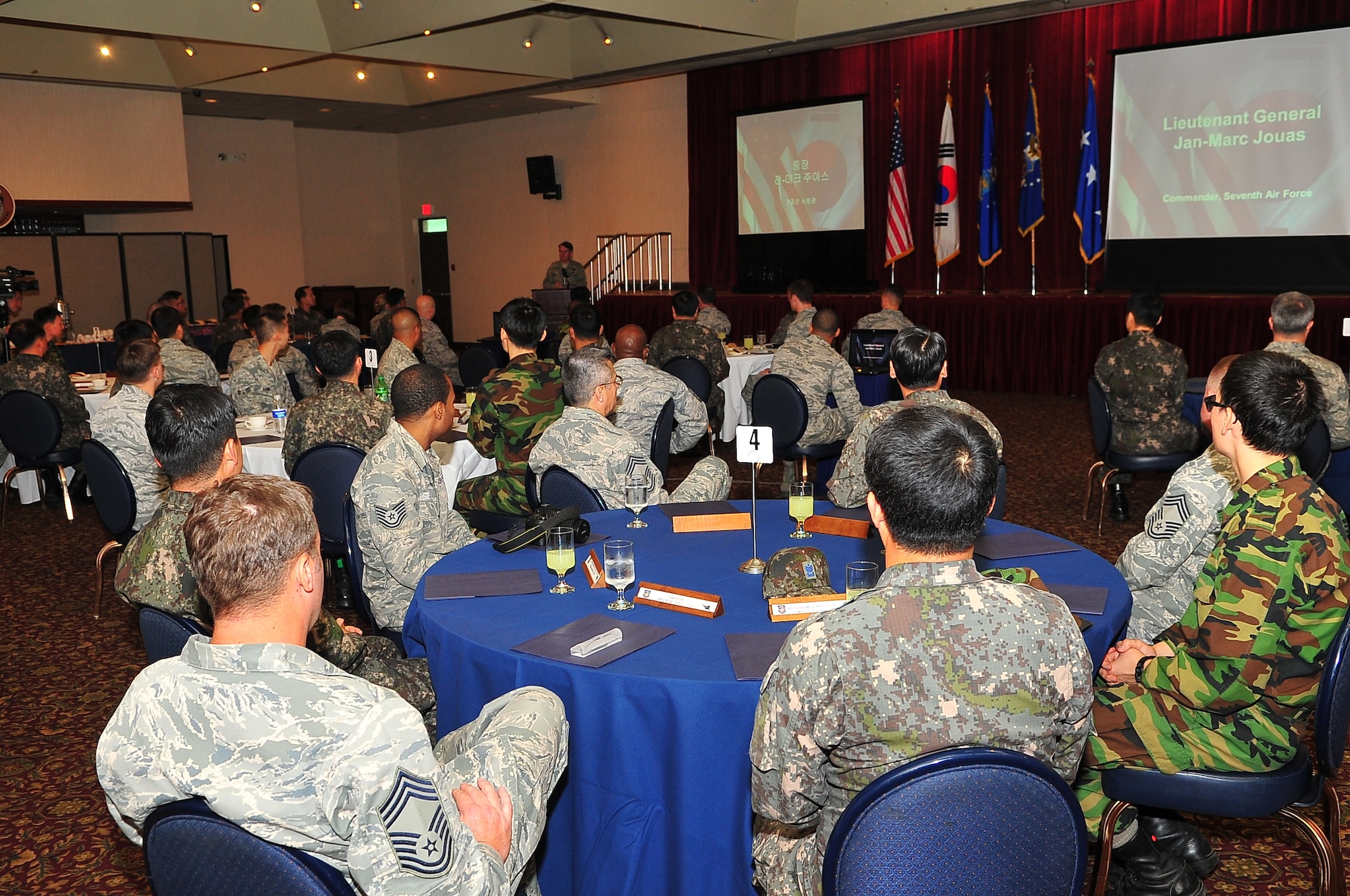 Lt. Gen. Jan-Marc Jouas, 7th Air Force commander, speaks during the 2012 second annual U.S. Air Force/Republic of Korea Air Force Senior Enlisted Leadership Conference Oct. 12, 2012, at Osan Air Base, ROK. During the conference, ROKAF and U.S. Air Force senior leaders exchanged leadership ideas about improving their nations' enlisted corps. (U.S. Air Force photo/TSgt Raymond Mills)