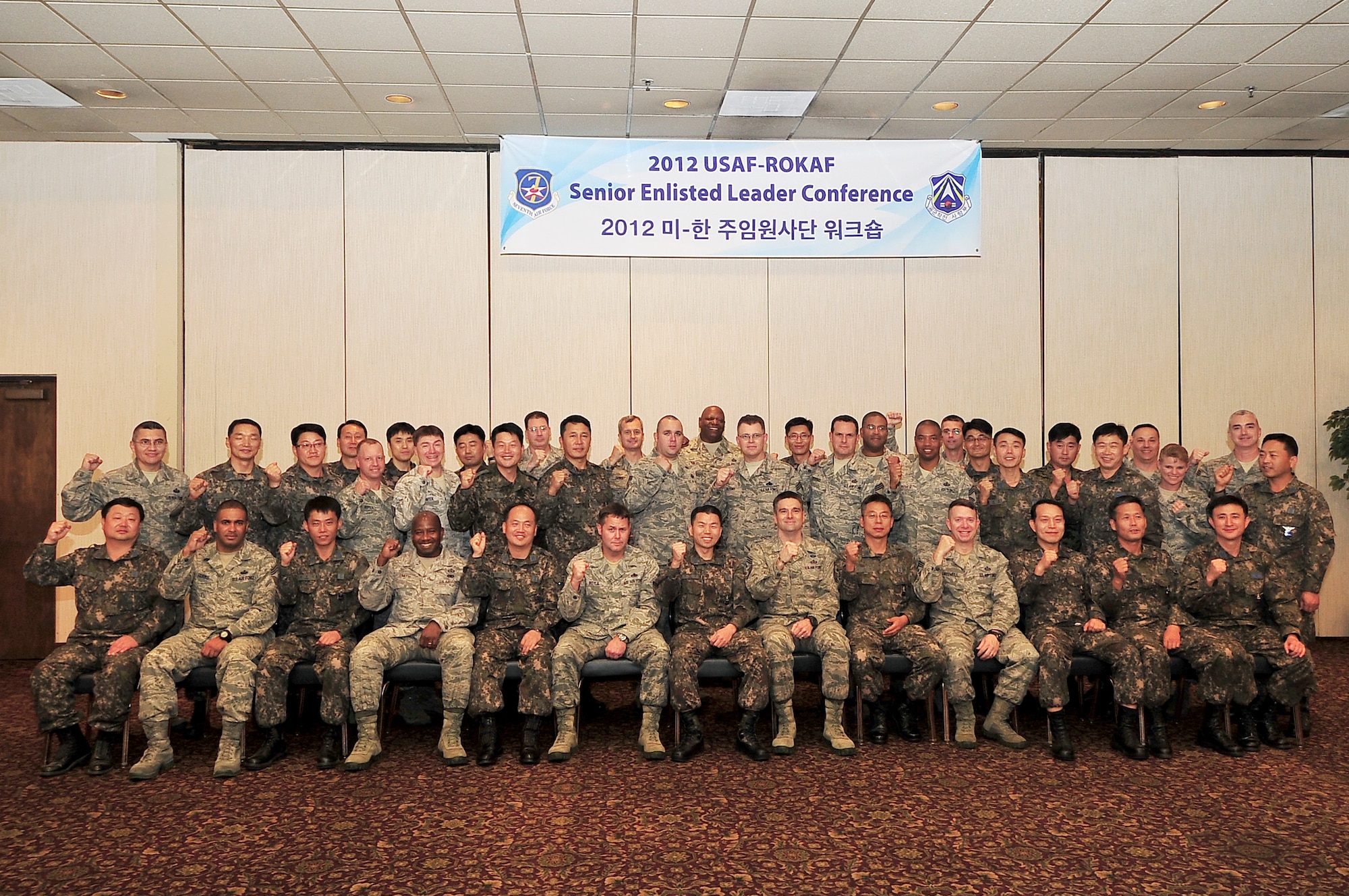 Members from the second annual U.S. Air Force/Republic of Korea Air Force Senior Enlisted Leadership Conference take a photo together at the Osan Air Base Officers Club, Oct. 12, 2012. During the conference, ROKAF and U.S. Air Force senior leaders exchanged ideas about their Services’ enlisted force. (U.S. Air Force photo/TSgt Raymond Mills)