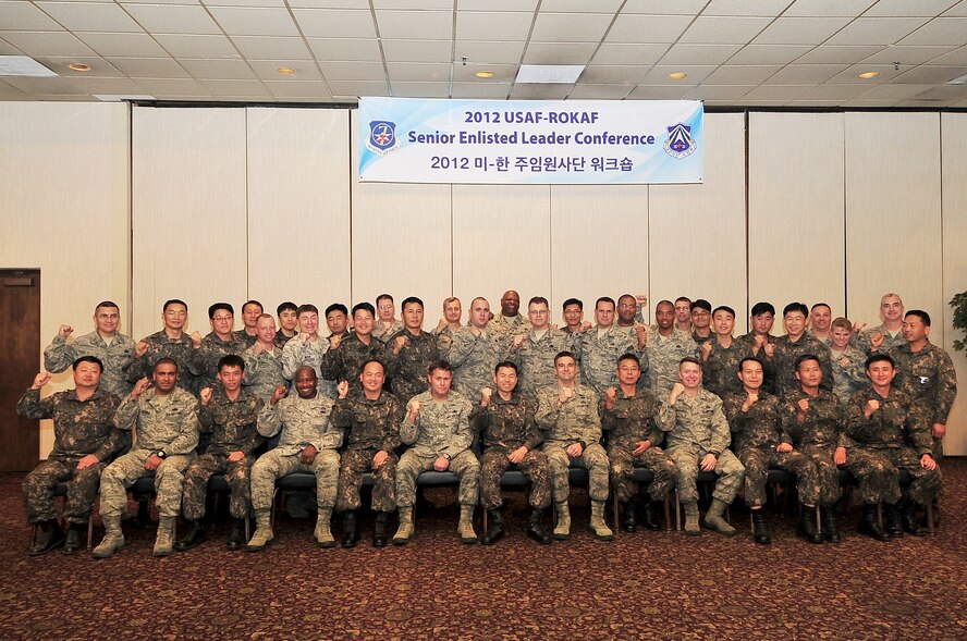 Members from the second annual U.S. Air Force/Republic of Korea Air Force Senior Enlisted Leadership Conference take a photo together at the Osan Air Base Officers Club, Oct. 12, 2012. During the conference, ROKAF and U.S. Air Force senior leaders exchanged ideas about their Services’ enlisted force. (U.S. Air Force photo/TSgt Raymond Mills)