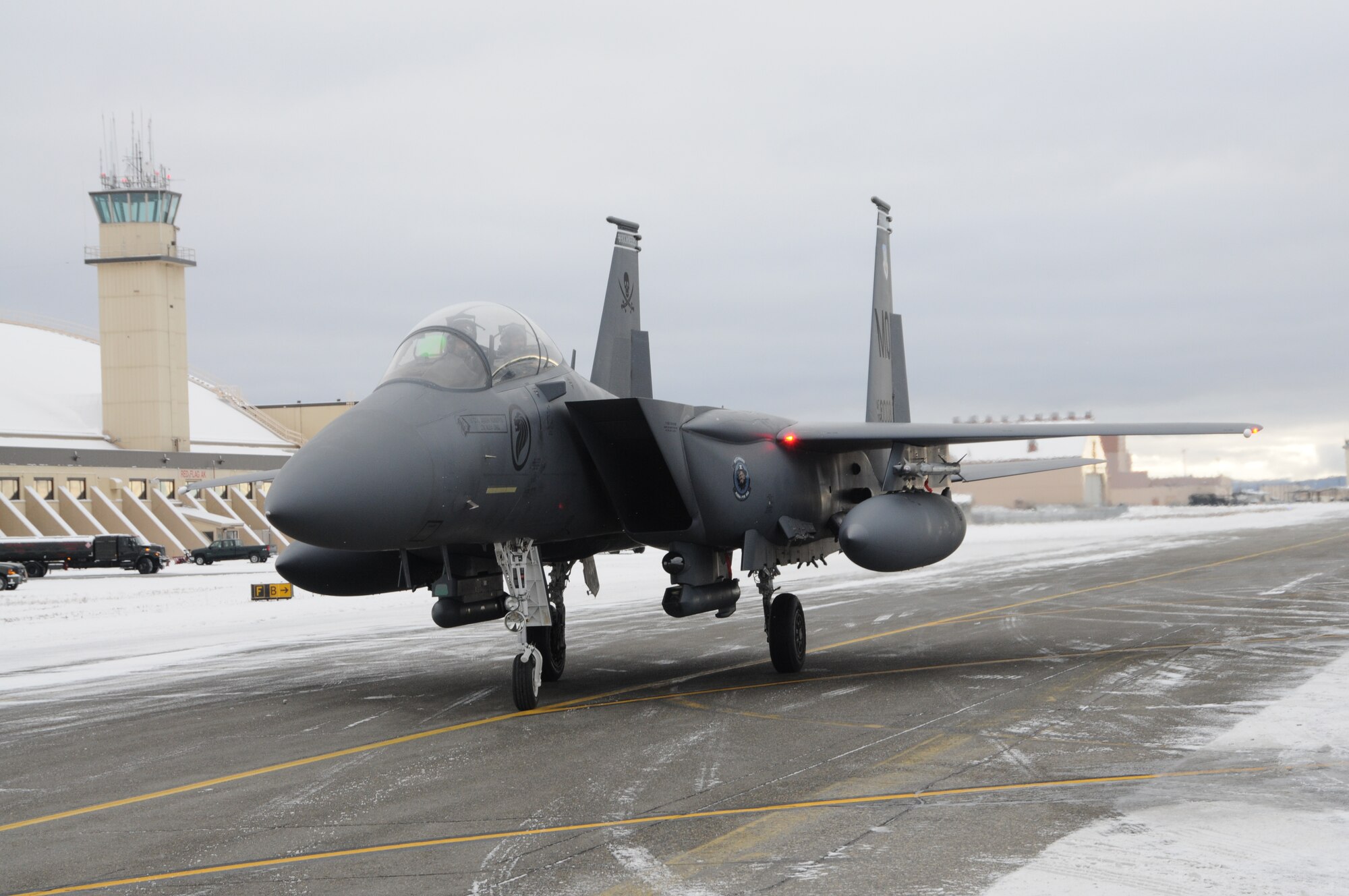 An F-15SG moves toward the parking area Oct. 17, 2012, at Eielson Air Force Base, Alaska. Flights resumed today after blizzard conditions caused a cancellation of flights the previous day. (U.S. Air Force photo/Senior Airman Benjamin Sutton/Released)   