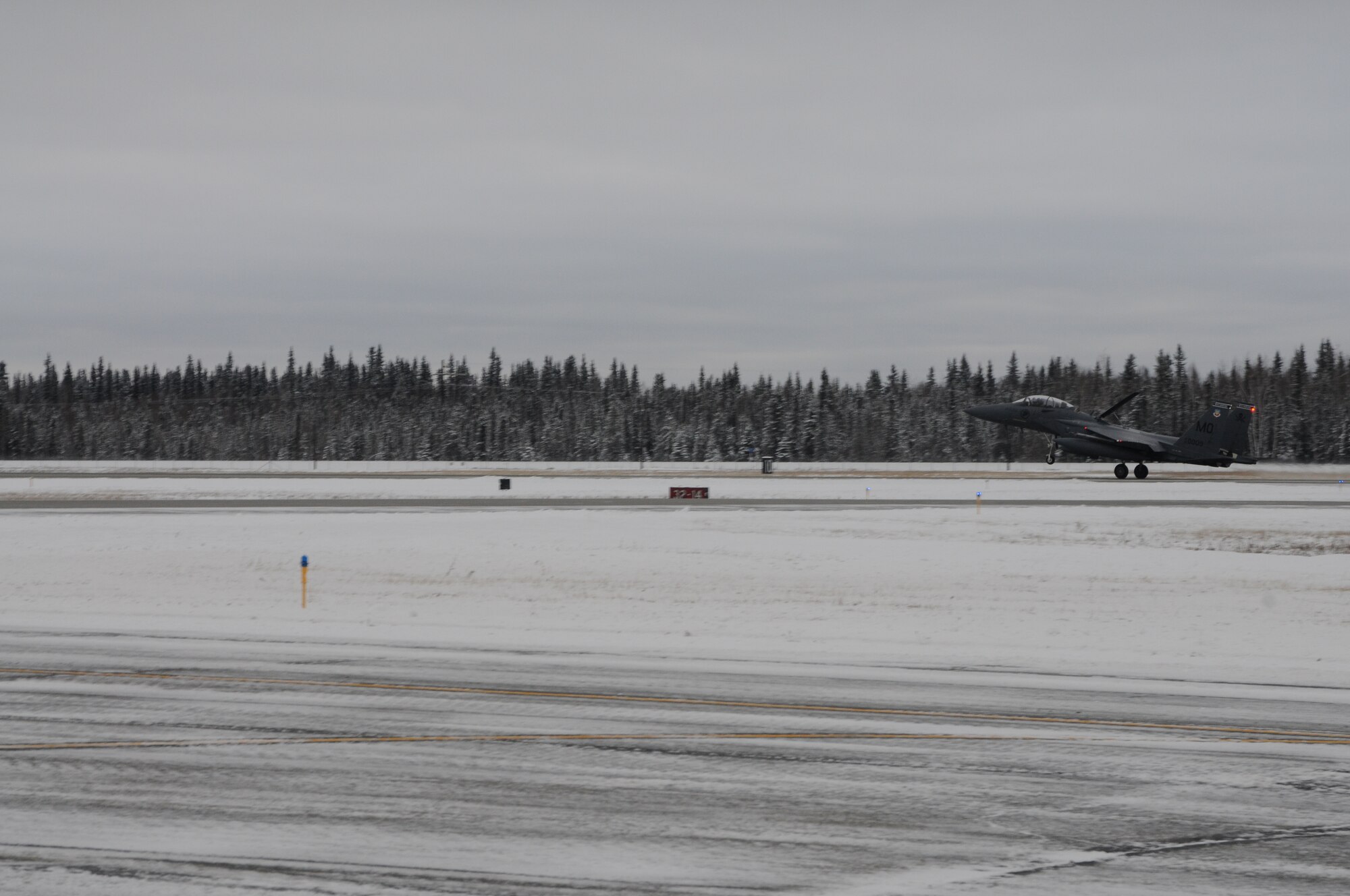 An F-15SG lands after a "sortie" Oct. 17, 2012, at Eielson Air Force Base, Alaska. The aircraft is assigned to the 428th Fighter Squadron participating in the RED FLAG-Alaska 13-1 exercise. (U.S. Air Force photo/Senior Airman Benjamin Sutton/Released)   