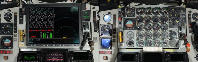An upgraded instrumentation panel, on the left, is illustrated next to the previous generation panel, on the right. The new panel is part of the Block 45 upgrades being installed in 17 KC-135 Stratotankers to keep the planes modern and extend their utilization. (U.S. Air Force illustration/Airman 1st Class Jose L. Leon)