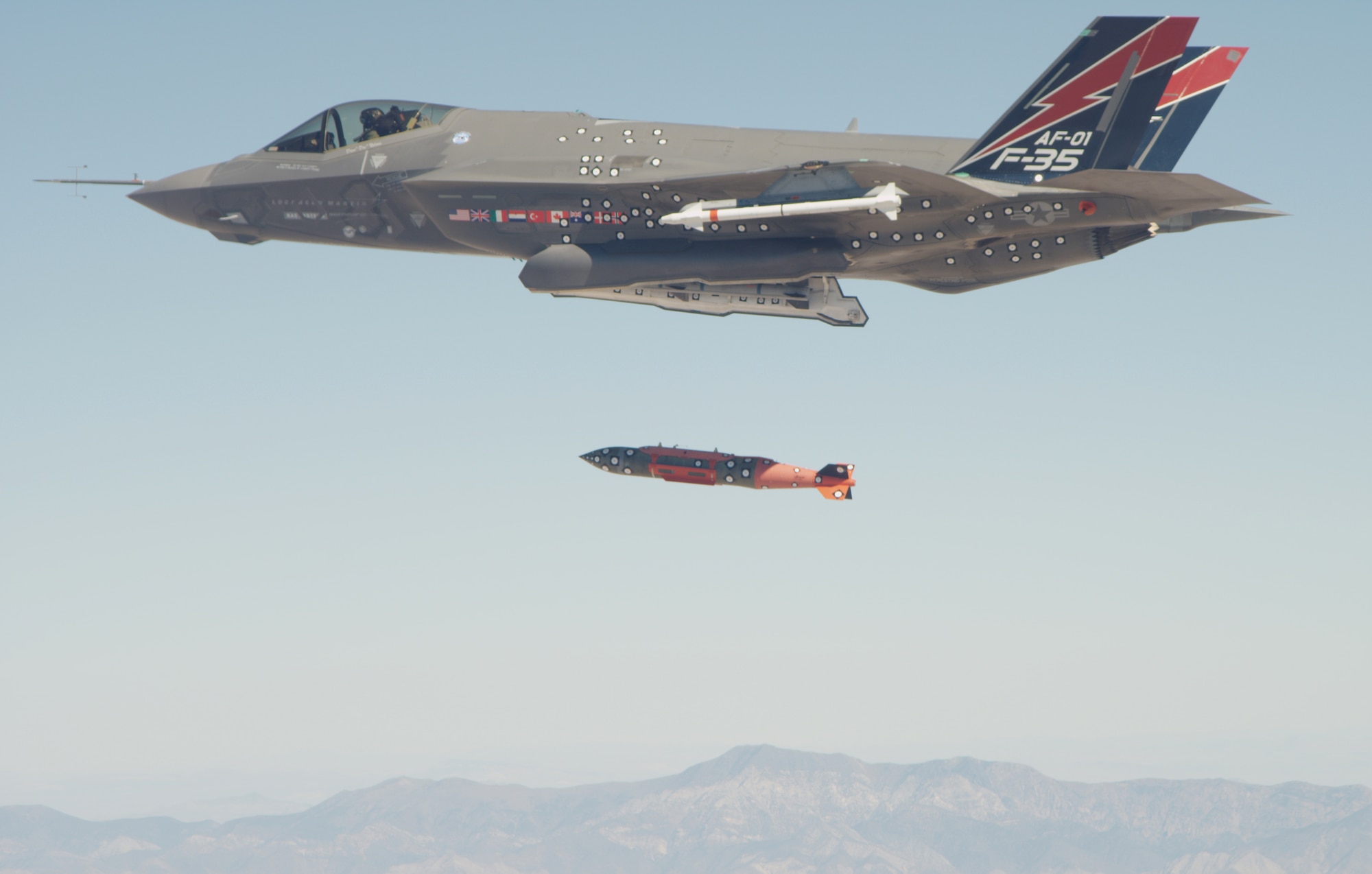 An F-35A conventional takeoff and landing (CTOL) aircraft completed the first in-flight weapons release of a 2,000 pound GBU-31 BLU-109 Joint Direct Attack Munition (JDAM) from a 5th Generation fighter, Oct. 16. (Courtesy photo)

