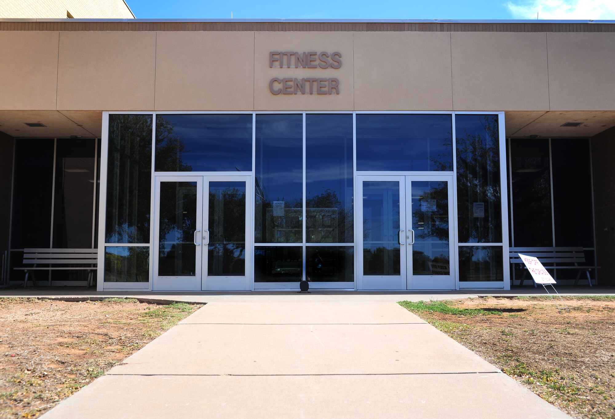 The remodeled entrance to the Fitness Center awaits use at Cannon Air Force Base, N.M., Oct. 15, 2012. The Fitness Center recently remodeled its premises and added better equipment to improve the experience of its patrons. (U.S. Air Force photo/Airman 1st Class Ericka Engblom)