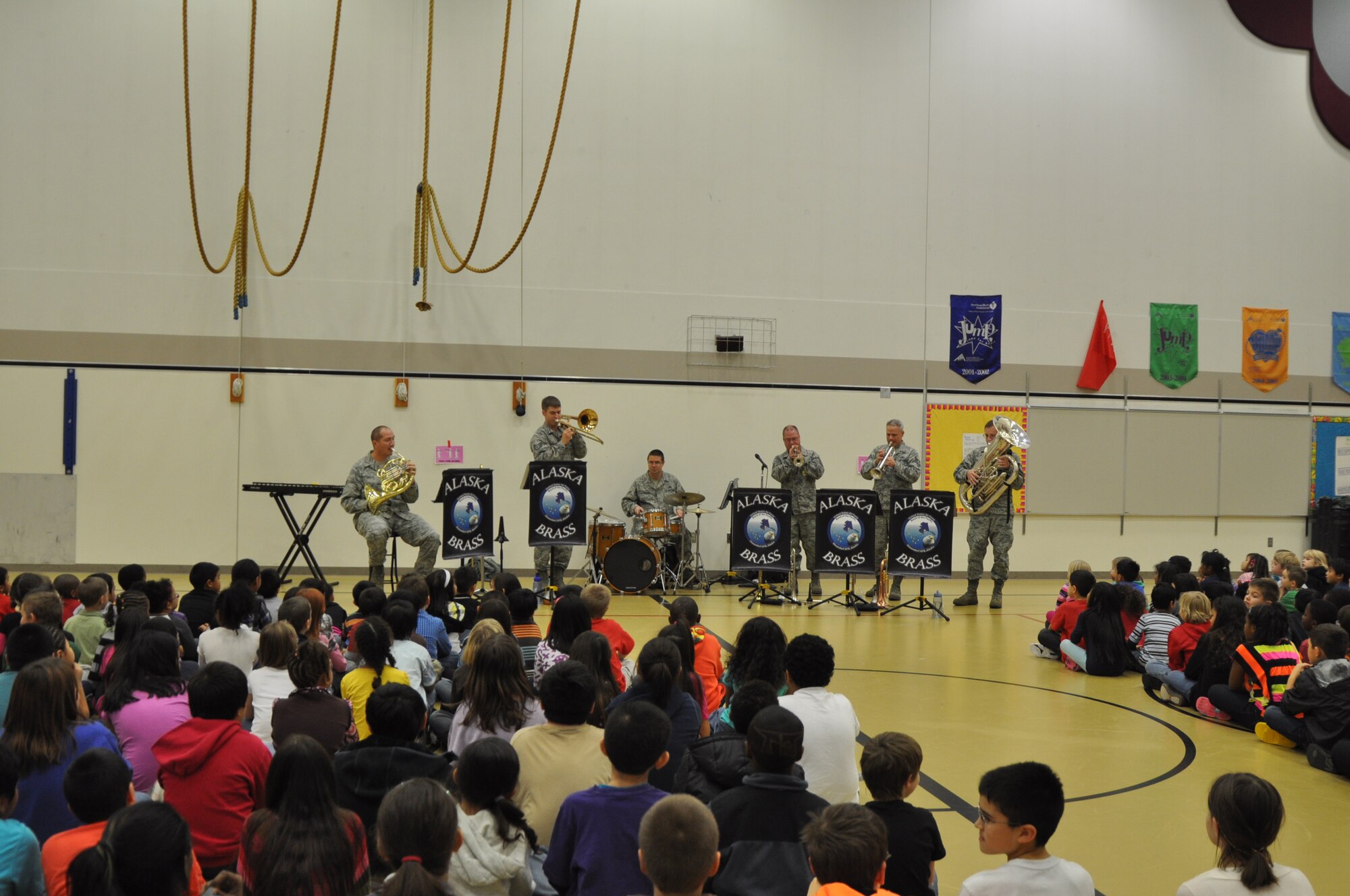 In Recognition of Red Ribbon Week, the USAF Band of the Pacific-Alaska Brass performs for students in the Anchorage, Palmer, and Wasilla areas.  The Concerts feature a variety of entertaining music along with a powerful message about staying away from drugs and living a healthy lifestyle.  