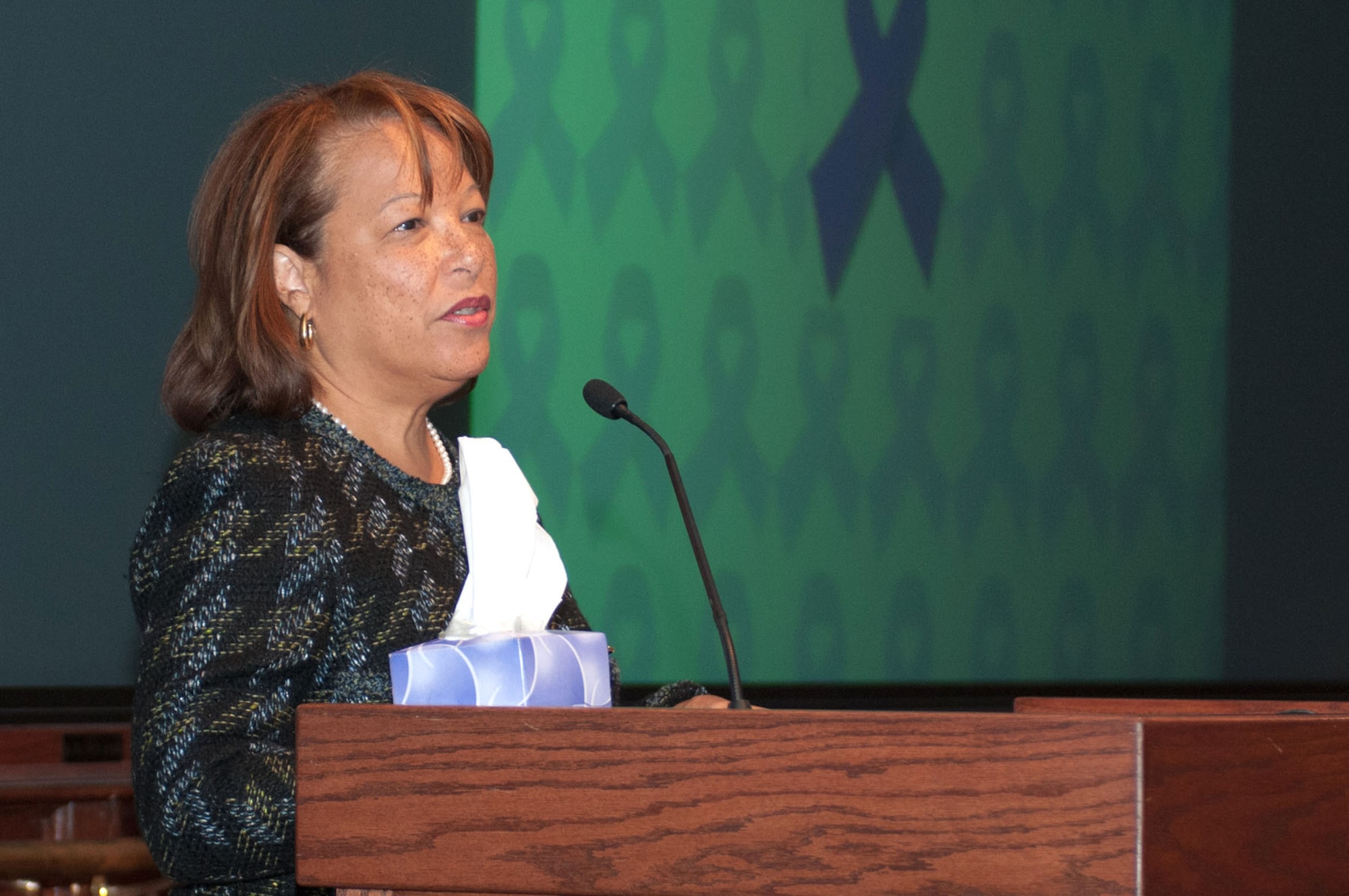 HANSCOM AIR FORCE BASE, Mass. - Massachusetts first lady Diane Patrick speaks about her personal experiences during the Domestic Violence Awareness event at the Hanscom Conference Center Oct. 11. The event was an opportunity to highlight Hanscom's commitment to promote respect, dignity and equality with all military families. (U.S. Air Force photo by Rick Berry)