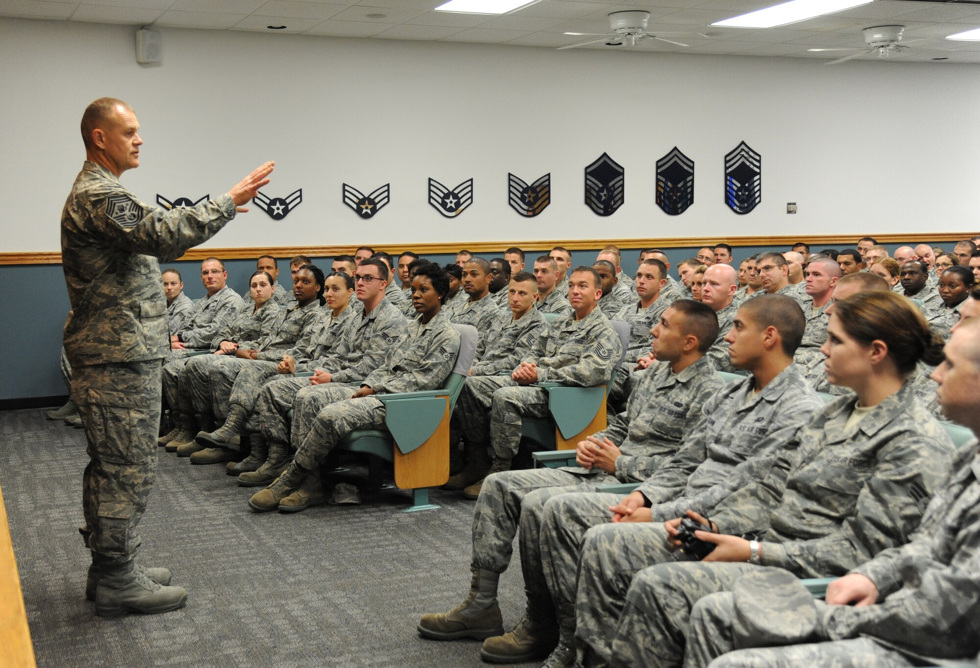 Chief Master Sgt. of the Air Force James Roy speaks to an audience of staff and students from the Mathies NCO Academy and Airman Leadership School Oct. 16, 2012, at the MNCOA, Keesler Air Force Base, Miss., to discuss the importance of enlisted professional military education to career development and progression, and how PME supports the deliberate development of Airmen. Roy visited Keesler Oct. 15-17 to meet with Airmen and further his understanding of the various missions at Keesler, including the 81st Training Wing, 403rd Wing, and 2nd Air Force.  (U.S. Air Force photo by Kemberly Groue)