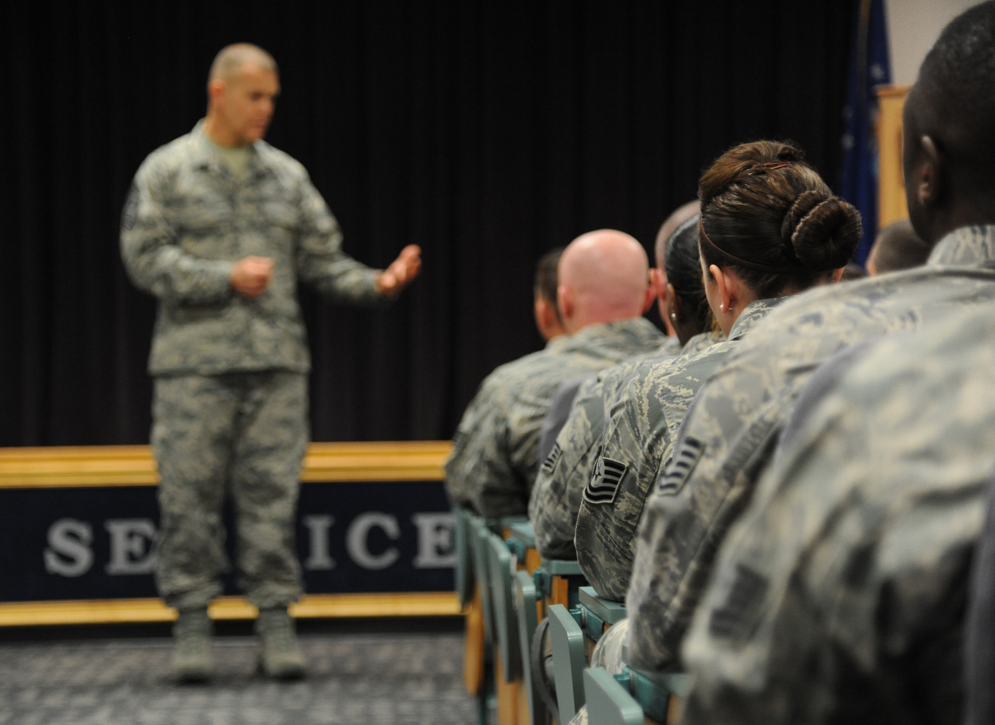 Chief Master Sgt. of the Air Force James Roy speaks to an audience of staff and students from the Mathies NCO Academy and Airman Leadership School Oct. 16, 2012, at the MNCOA, Keesler Air Force Base, Miss., to discuss the importance of enlisted professional military education to career development and progression, and how PME supports the deliberate development of Airmen. Roy visited Keesler Oct. 15-17 to meet with Airmen and further his understanding of the various missions at Keesler, including the 81st Training Wing, 403rd Wing, and 2nd Air Force.  (U.S. Air Force photo by Kemberly Groue)