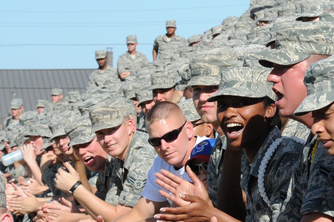 Airmen-in-Training at Sheppard Air Force Base, Texas, cheer on their fellow Airmen during one of the 82nd Training Wing "Drill-Down" competitions Apr. 27, 2012.  The 82nd TRW chapel has begun preparations for this year's "Operation Thanksgiving" and is looking for approximately 250 families to host base students during the holiday. (U.S. Air Force photo/Capt. Brittany Martin)