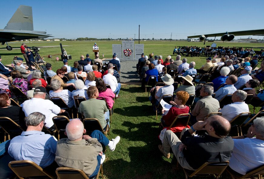 Emerson MacAfee, 1st Combat Evaluation Group Association president, speaks during the Combat Skyspot Memorial rededication ceremony on Barksdale Air Force Base, La., Oct. 15. The ceremony commemorated the posthumous upgrading of Chief Master Sgt. Richard L. Etchberger's Air Force Distinguished Cross to the Medal of Honor for heroism, and Master Sgt. James H. Calfee's Bronze Star to a Silver Star for gallantry in action. (U.S. Air Force photo/Staff Sgt. Chad Warren)(RELEASED)