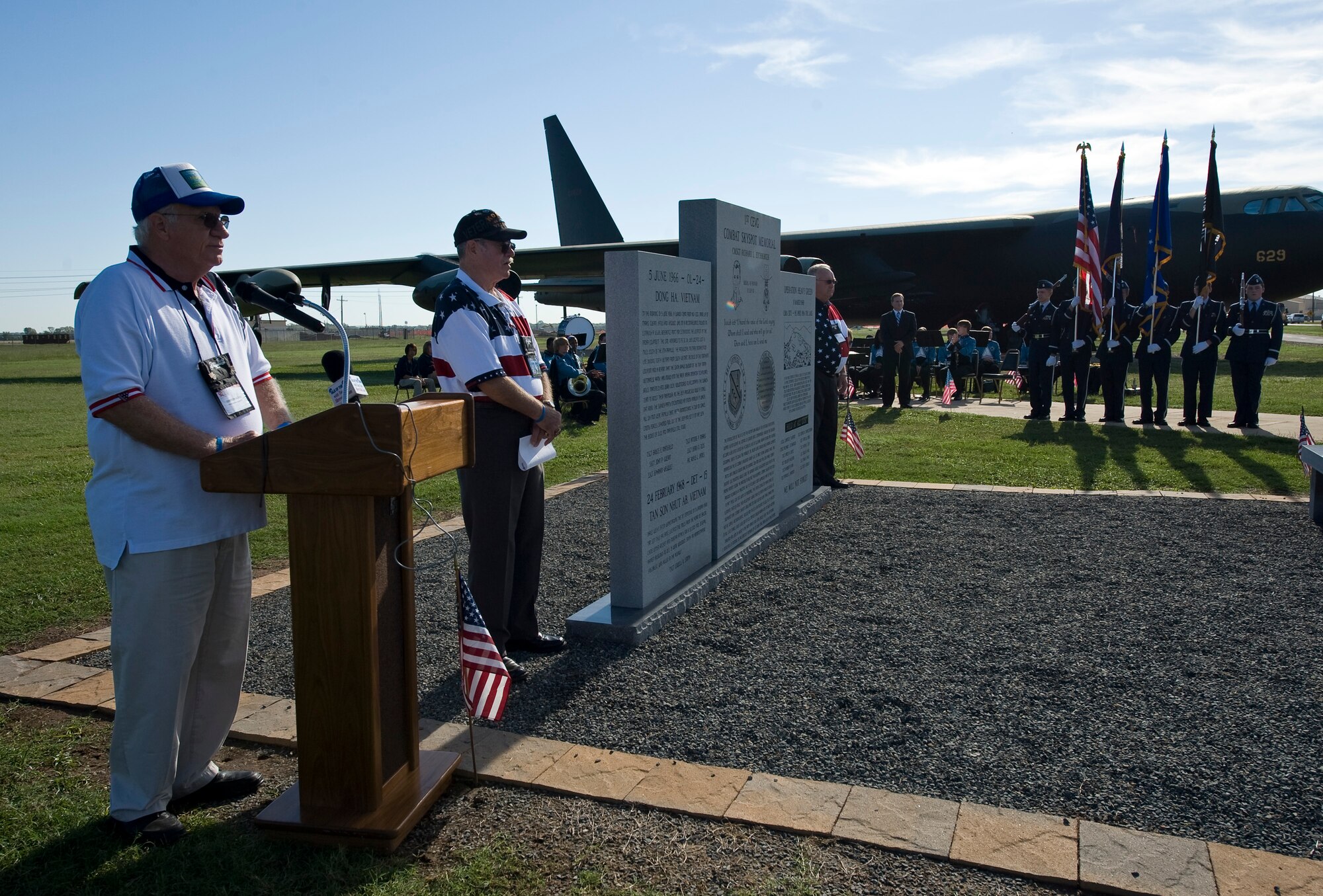 Emerson MacAfee, 1st Combat Evaluation Group Association president, speaks during the Combat Skyspot Memorial rededication ceremony on Barksdale Air Force Base, La., Oct. 15. The ceremony commemorated the posthumous upgrading of Chief Master Sgt. Richard L. Etchberger's Air Force Distinguished Cross to the Medal of Honor for heroism, and Master Sgt. James H. Calfee's Bronze Star to a Silver Star for gallantry in action. (U.S. Air Force photo/Staff Sgt. Chad Warren)(RELEASED)