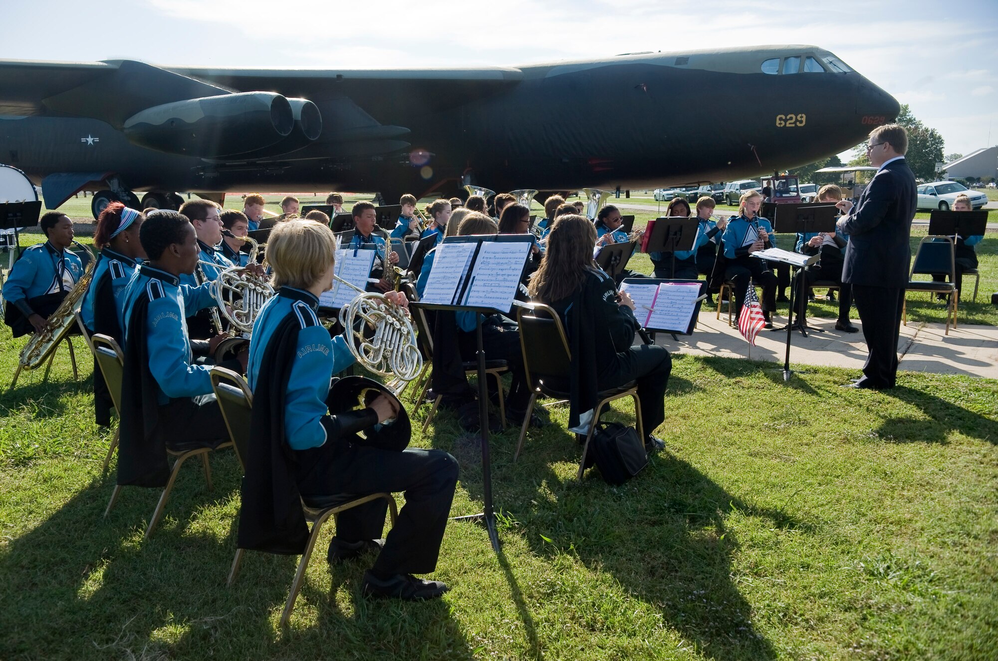 Airline High School band performs during the Combat Skyspot Memorial rededication ceremony on Barksdale Air Force Base, La., Oct. 15. The memorial was built to honor the 19 men from the 1st Combat Evaluation Group who lost their lives during the Vietnam War. (U.S. Air Force photo/Staff Sgt. Chad Warren)(RELEASED)