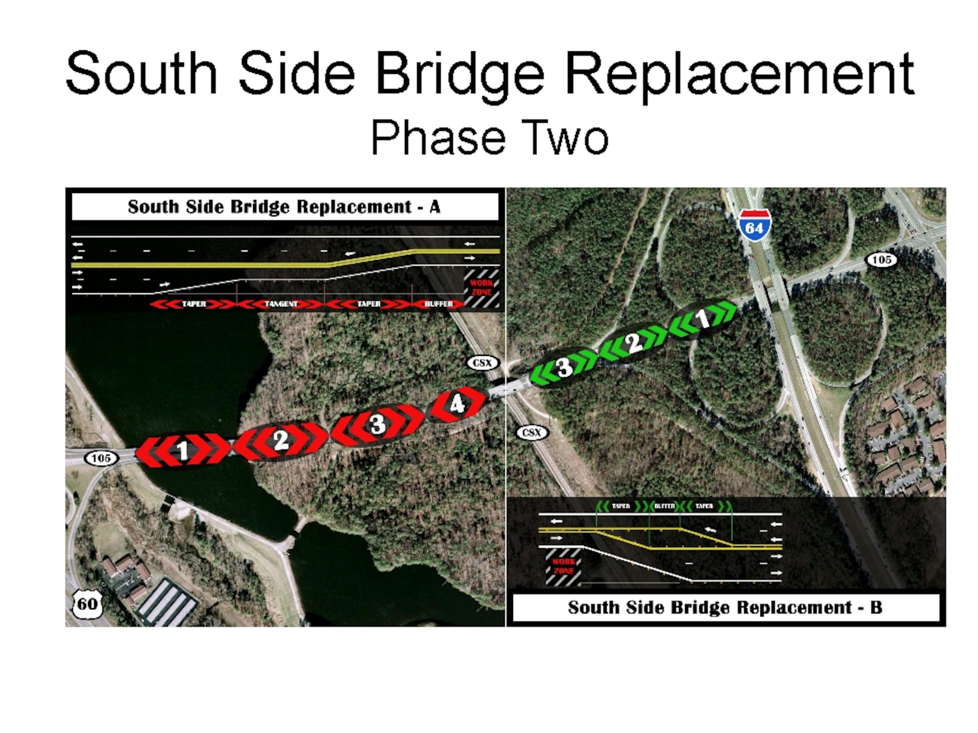 This map from the 733rd Civil Engineer Division identifies the projected traffic pattern along Fort Eustis Boulevard (Route 105, running horizontally) during phase two of the City of Newport News' upcoming bridge replacement project, which will begin upon completion of phase one of the project. The inset diagrams detail traffic tapers, buffers, and work zones on and adjacent to the bridge. During phase two, southbound traffic, which takes motorists from Fort Eustis toward Jefferson Avenue and Interstate 64, will travel along the newly-constructed northbound span of the bridge in a two-way traffic pattern. This traffic pattern will last approximately six months. (U.S. Air Force graphic)