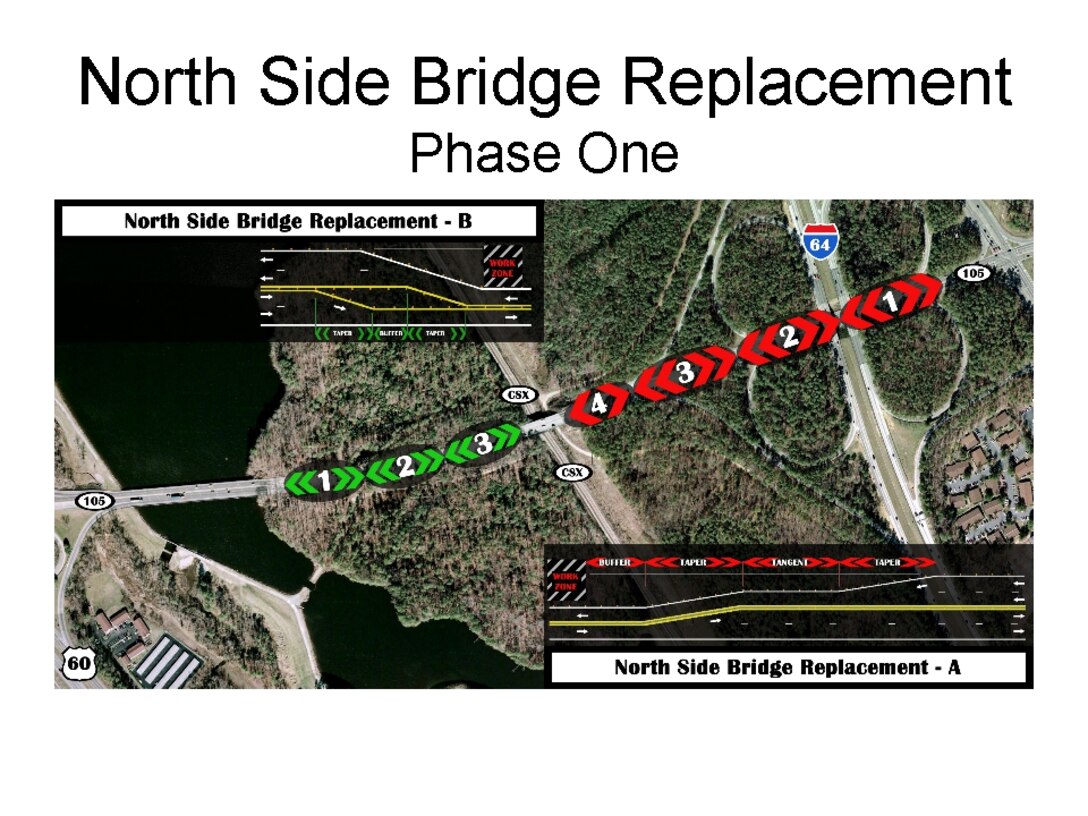 This map from the 733rd Civil Engineer Division identifies the projected traffic pattern along Fort Eustis Boulevard (Route 105, running horizontally) during phase one of the City of Newport News' upcoming bridge replacement project, scheduled to begin in the coming weeks. The inset diagrams detail traffic tapers, buffers, and work zones on and adjacent to the bridge. During phase one, northbound traffic, which takes motorists toward Fort Eustis, will travel along the southbound span of the bridge in a two-way traffic pattern. This traffic pattern will last approximately six months. (U.S. Air Force graphic)