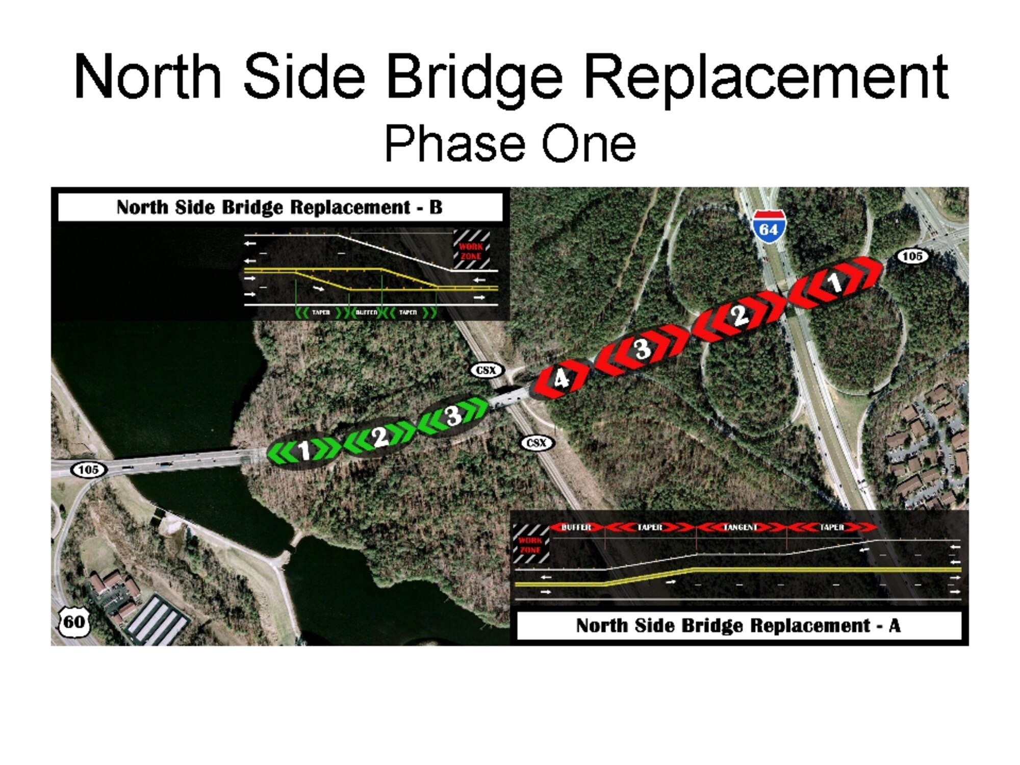 This map from the 733rd Civil Engineer Division identifies the projected traffic pattern along Fort Eustis Boulevard (Route 105, running horizontally) during phase one of the City of Newport News' upcoming bridge replacement project, scheduled to begin in the coming weeks. The inset diagrams detail traffic tapers, buffers, and work zones on and adjacent to the bridge. During phase one, northbound traffic, which takes motorists toward Fort Eustis, will travel along the southbound span of the bridge in a two-way traffic pattern. This traffic pattern will last approximately six months. (U.S. Air Force graphic)