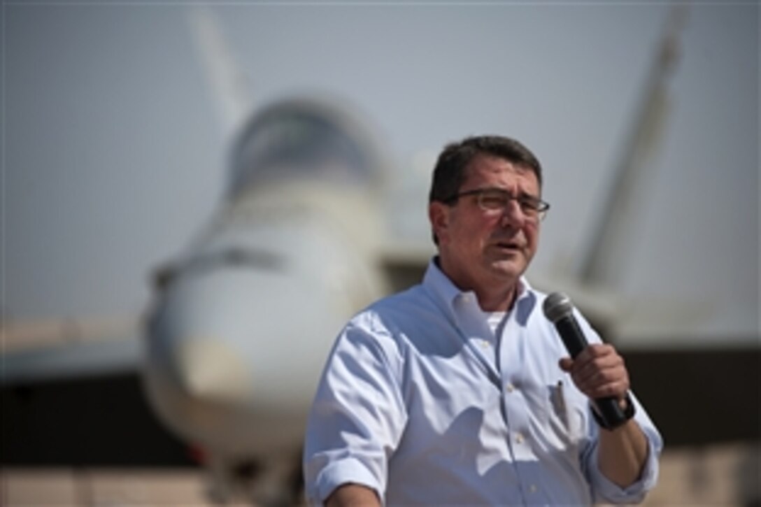 U.S. Deputy Defense Secretary Ashton B. Carter addresses Marines assigned to Ahmed Al Jaber Air Base, Kuwait, Oct. 17, 2012. Carter is on a seven-day trip to the Middle East to meet with leaders and counterparts in the region. 