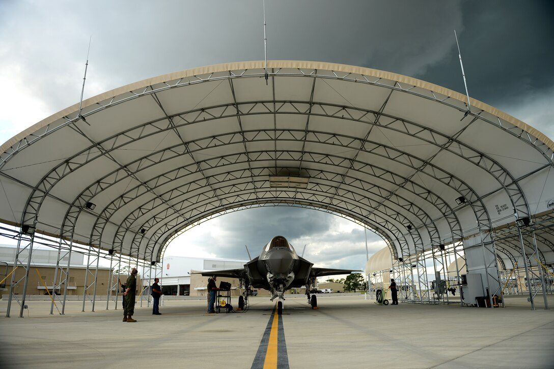 An F-35B Lightning II joint strike fighter from the Marine Fighter Attack Training Squadron 501, Eglin Air Force Base, Fla.,   is preflighted before conducting a local training mission over the Emerald Coast Sept. 18, 2012.

