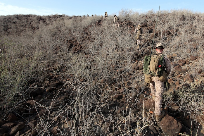 DJIBOUTI (Sept. 30, 2012) - Marines with Bravo Company, Battalion Landing Team 1st Battalion, 2nd Marine Regiment, 24th Marine Expeditionary Unit, execute patrolling training through the coastal mountains of Djibouti, Sept. 30, 2012. The training was part of a three-week exercise comprising basic infantry skills and desert survival techniques. The 24th MEU is deployed with the Iwo Jima Amphibious Ready Group as a theater reserve and crisis response force in U.S. Central Command and the Navy's 5th Fleet area of responsibility. (Photo by Staff Sgt. Robert L. Fisher III)