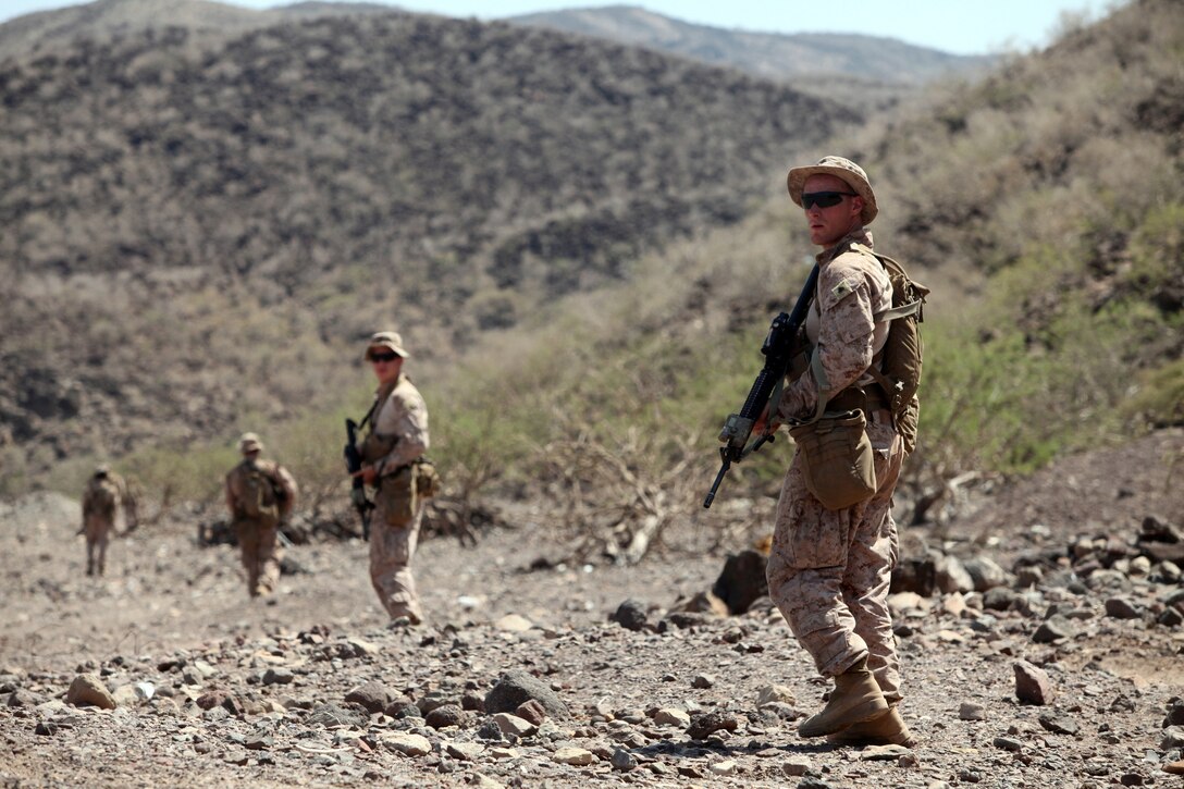 DJIBOUTI (Oct. 1, 2012) - Marines with Bravo Company, Battalion Landing Team 1st Battalion, 2nd Marine Regiment, 24th Marine Expeditionary Unit, conduct a security halt during while conducting training in patrolling techniques through the coastal mountains of Djibouti, Oct. 1, 2012. The training was part of a three-week exercise comprising basic infantry skills and desert survival techniques. The 24th MEU is deployed with the Iwo Jima Amphibious Ready Group as a theater reserve and crisis response force in U.S. Central Command and the Navy's 5th Fleet area of responsibility. (Photo by Staff Sgt. Robert L. Fisher III)