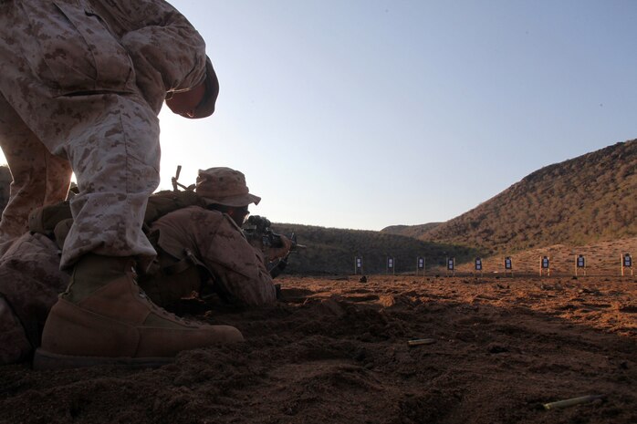 (DJIBOUTI, Oct. 2, 2012) - A Marine with Bravo Company, Battalion Landing Team 1st Battalion, 2nd Marine Regiment, 24th Marine Expeditionary Unit, fires his M-4 carbine during a battle sight zero shooting range while training in Djibouti, Oct. 1, 2012. The training was part of a three-week exercise comprising basic infantry skills and desert survival techniques. The 24th MEU is deployed with the Iwo Jima Amphibious Ready Group as a theater reserve and crisis response force in U.S. Central Command and the Navy's 5th Fleet area of responsibility. (Photo by Staff Sgt. Robert L. Fisher III)