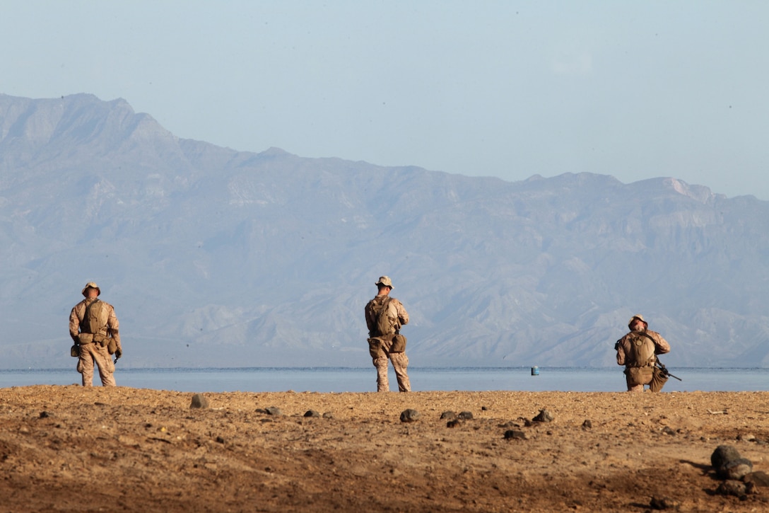 (DJIBOUTI, Oct. 2, 2012) - Marines with Bravo Company, Battalion Landing Team 1st Battalion, 2nd Marine Regiment, 24th Marine Expeditionary Unit, pause on the shores of the Gulf of Toujour before commencing a battle sight zero shooting range while training in Djibouti, Oct. 1, 2012. The training was part of a three-week exercise comprising basic infantry skills and desert survival techniques. The 24th MEU is deployed with the Iwo Jima Amphibious Ready Group as a theater reserve and crisis response force in U.S. Central Command and the Navy's 5th Fleet area of responsibility. (Photo by Staff Sgt. Robert L. Fisher III)