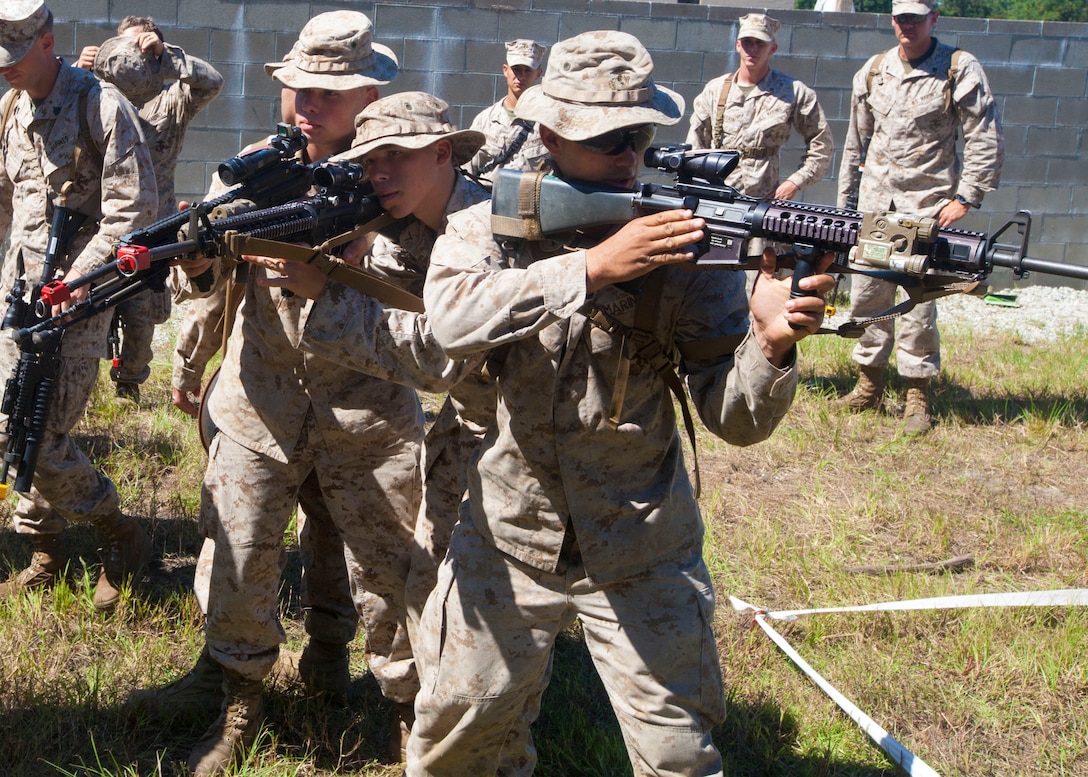 Marines with India Company, Battalion Landing Team (BLT) 3/2, 26th Marine Expeditionary Unit (MEU), perform military operations on urban terrain at Marine Corps Base Camp Lejeune, N.C., Sept. 25, 2012. The Marines conducted a two-week vertical assault raid package with the Special Operation Training Group to help fulfill requirements from the 26th MEU’s Marine Essential Task List. The 26th MEU is slated to deploy in 2013.